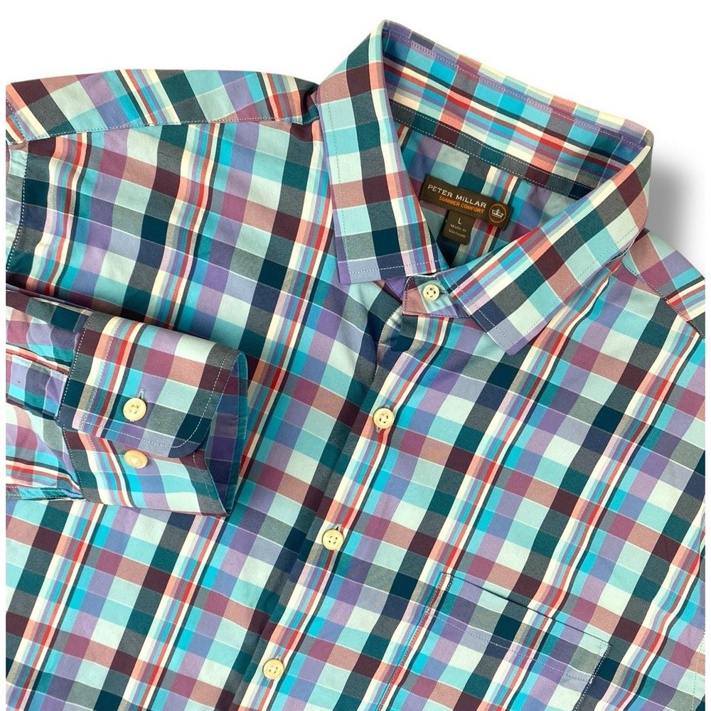 PETER MILLAR Mens Summer Comfort LS‎ Shirt Large Plaid Lightweight Performance